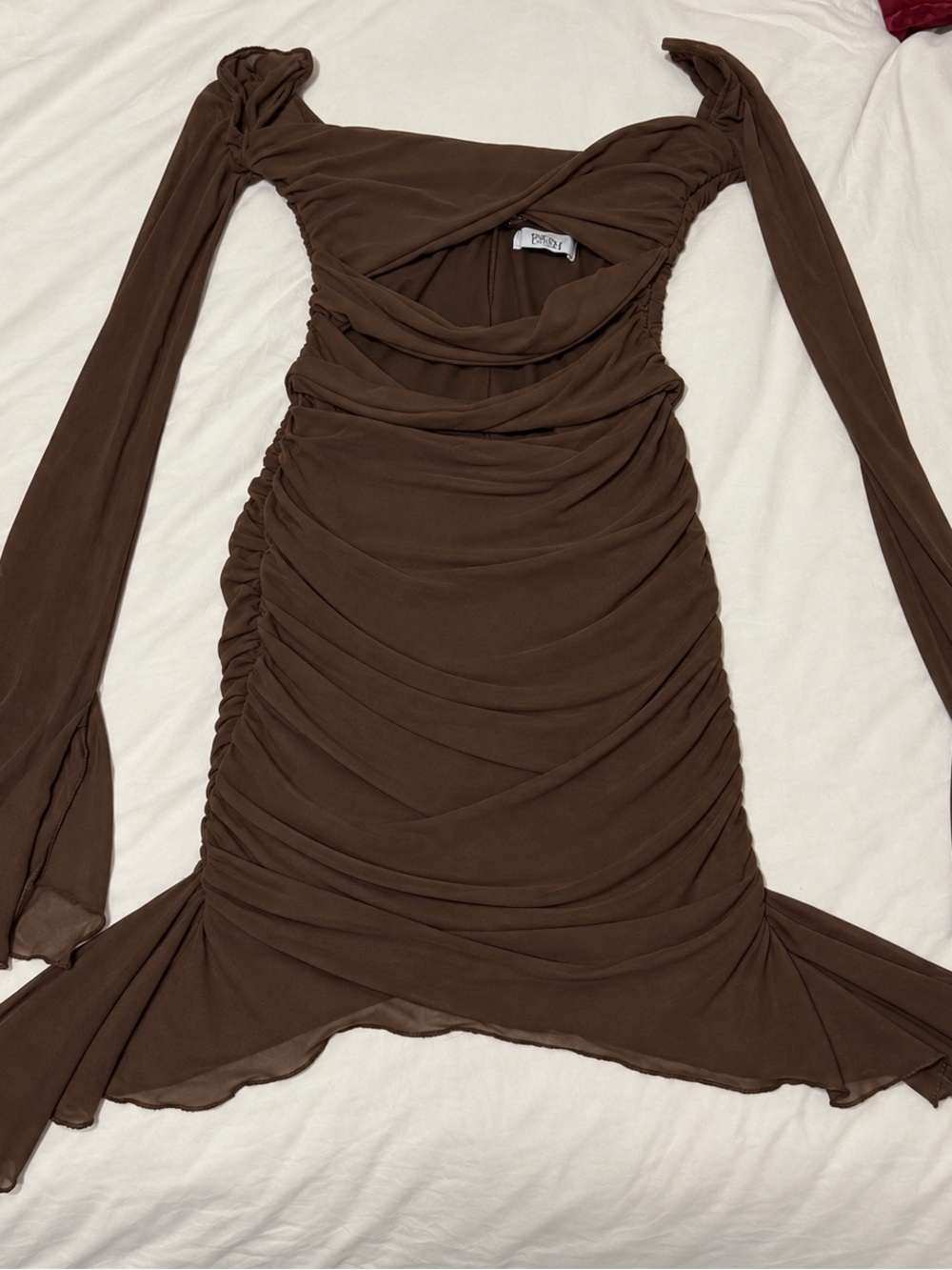 Oh Polly Chocolate Brown Ruched Long-Sleeve Mini Dress